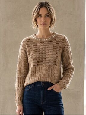 Tan Crew Neck Sweater with Textured Knit